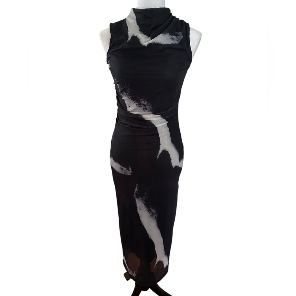 Black White SMALL Summer Tie-Dye Printed Mesh Sleeveless Dress - Picture 5 of 10
